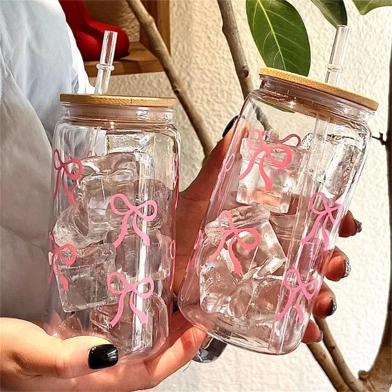 Bean Hopper Lid - 可愛いリボン付きガラスカップ 500ml タンブラー メイソンジャー型ボトル 蓋とストロー付き コーヒーカップ